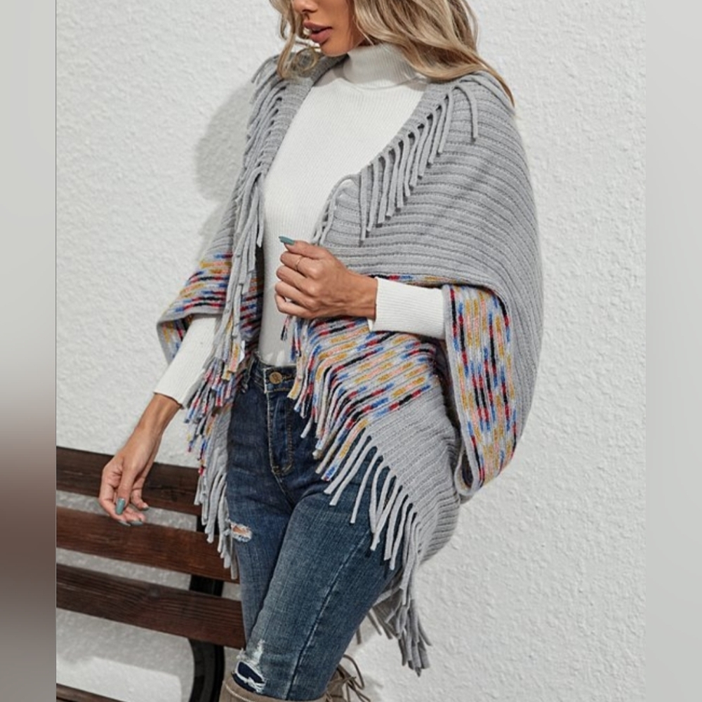 Gray Fringe-Accent Open Cardigan Fits Range Jrs (S) to Wom (6) NWT - Picture 5 of 6
